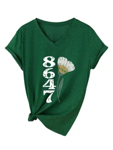 Damen Gruene V-Ausschnitt Kurzarm Knoten T-Shirt Sommertop mit Blumen Grafik 8647