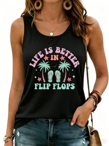 Close-up detail of black tank top featuring summer graphic design for daily wear.