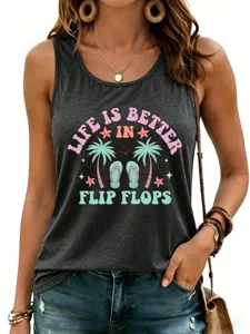 Women summer casual graphic tank top featuring stylish letter print and vacation beach design.