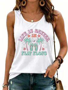 Women casual white tank top featuring summer flip flops graphic print, sleeveless design.