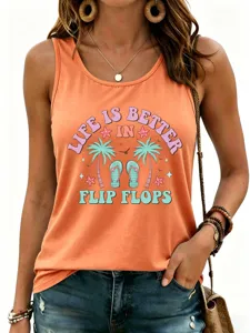 Casual summer women's orange tank top with beach flip flops graphic print for daily wear.