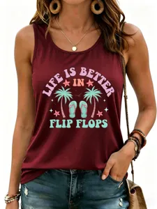 Detail view of women's casual maroon tank top featuring summer beach flip flops print graphic.