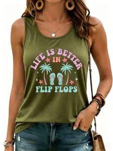 Close-up detail of casual olive green tank top with summer beach graphic print for women.