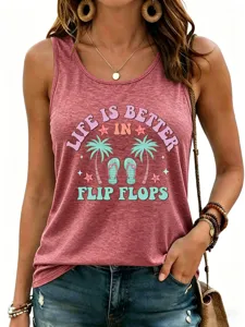 Detail view of casual women's tank top featuring summer beach graphic print and comfortable fit.