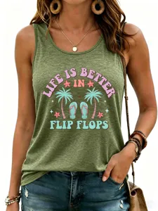Women's graphic tank top featuring a summer palm tree and flip flops print for casual wear.