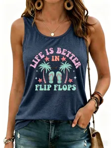 Women casual dark blue tank top featuring vacation flip flops graphic print for summer daily wear.