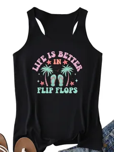 Close-up of graphic print tank top featuring summer palm tree and flip flops design.