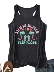 Women summer casual sleeveless tank top with cute tropical flip flops graphic print design.