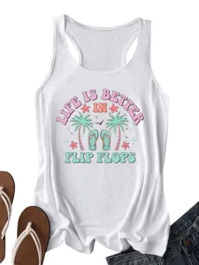 Women summer casual white racerback tank top with beach flip flops graphic print activewear.