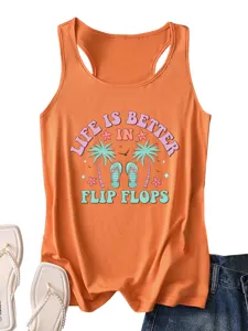 Orange women's summer racerback tank top featuring casual vacation slogan graphic print.