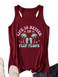 Casual maroon racerback tank top for women featuring summer tropical graphic print everyday.