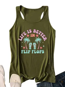 Women summer casual olive green racerback tank top with fun beach palm trees print