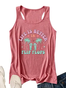 Women Summer Casual Tank Top Pink Palm Tree Flip Flops Graphic Beach Sleeveless Shirt