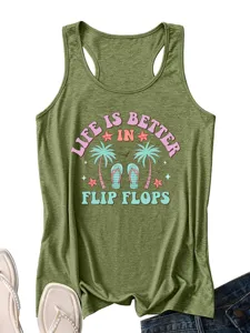 Olive green summer women tank top, casual racerback graphic tee with tropical print.