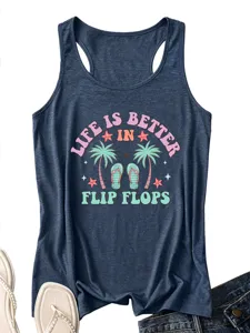 Women's casual blue summer tank top with tropical beach flip flops graphic print casual wear