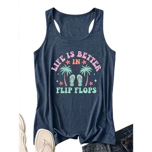 Women Summer Casual Tank Top Blue Graphic Print Sleeveless Cute Beach Vacation Shirt