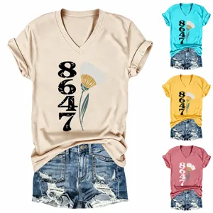 Damen Casual V-Ausschnitt Baumwolle T-Shirt Elegant Blumen Nummer Drucken Top Locker Kurzarm Knotensaum Pendeln Bluse Für Frauen