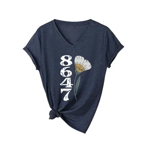 Damen 8647 Blumen Druck V-Ausschnitt Kurzarm Freizeit Slim Fit Sommer T-Shirt Top