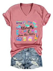 Ρετρό γυναικείο T-shirt με V-neck και γραφική στάμπα 90s, casual καλοκαιρινό τοπ.