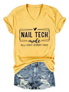 Casual yellow V-neck short sleeve t-shirt featuring nail tech print, stylish design.