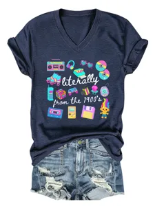 Vintage 90s retro style grafiko t-shirt me V-laimofosi kai konta manikia women top