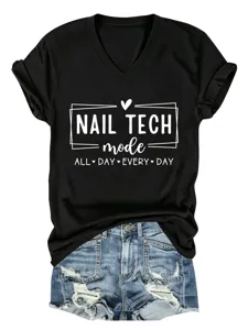 Classic black V-neck short sleeve t-shirt featuring stylish nail tech graphic detail.