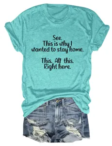 Casual turquoise grafisch t-shirt detail, grappige quote print shirt met spijkerbroek.