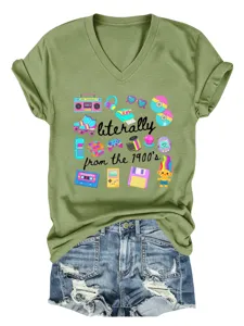 Ρετρό γυναικείο κοντομάνικο T-shirt με V-neck και γραφικό σχέδιο 90s casual κορυφή