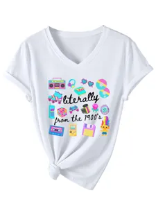 Casual retro 90s στυλάτο γυναικείο λευκό T-shirt με V-neck κοντό μανίκι και κόμπο