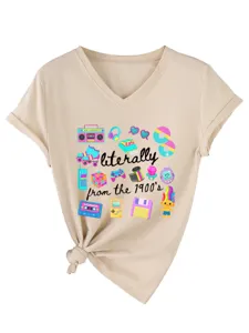 Casual μπεζ γυναικείο t-shirt με V λαιμό, κοντά μανίκια και 90s ρετρό graphic print!