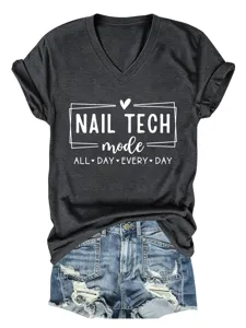 Women Nail Tech Mode V-Neck Short Sleeve T-Shirt Casual Summer Graphic Tee Top New