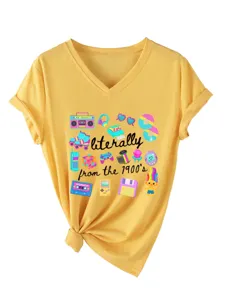 Γυναικείο T-Shirt V Μανίκι Ρετρό 90s Γραφική Εκτύπωση Casual Κίτρινο Top
