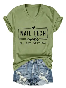 Detail shot of olive green V-neck short sleeve t-shirt with nail tech slogan print stylish look.
