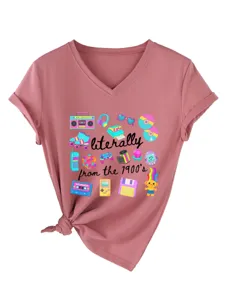 Vintage 90s γυναικείο T-shirt με V λαιμό κοντομάνικο κόμπος ρετρό σχέδιο μόδας top