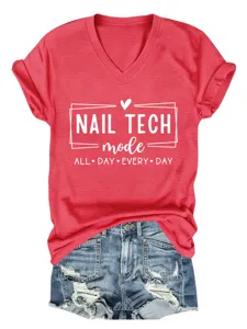 Red v-neck short sleeve t-shirt detail featuring graphic text print and rolled cuff design.