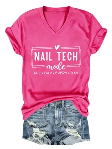 Women pink v-neck short sleeve t-shirt with nail tech print and denim shorts detail