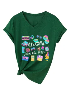 Γυναικείο Πράσινο T-Shirt με V-Λαιμόκοψη και Κοντό Μανίκι Ρετρό Στάμπες 90s Casual
