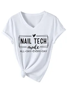 Casual white V-neck short sleeve T-shirt featuring nail tech letter print and front knot.