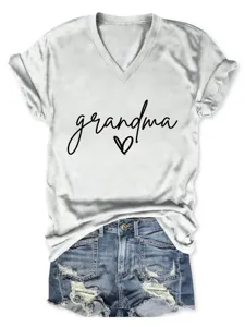Lässiges Damen V-Ausschnitt Kurzarm T-Shirt mit Grandma-Buchstaben und Herz-Druck.