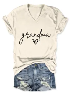 Lässiges V-Ausschnitt Kurzarm T-Shirt mit süßem Grandma-Buchstaben-Print für Damen.
