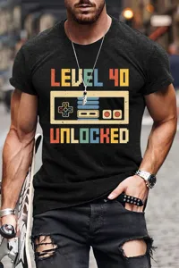 Maglietta uomo manica corta stampa videogioco retro level 40 unlocked casual top cotone