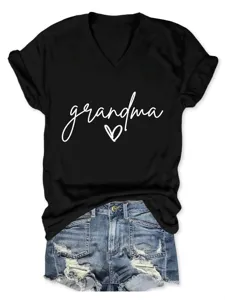 Lässiges minimalistisches Damen Grandma Buchstaben Herz V-Ausschnitt Kurzarm T-Shirt