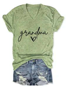 Damen Freizeit V-Ausschnitt Kurzarm Grandma Buchstabe Print T-Shirt mit Jeansshorts