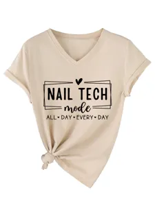 Casual beige V-neck short sleeve t-shirt detail showing nail tech print and knot hem.