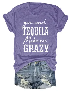 T-shirt violet à manches courtes pour femme avec slogan tequila et short en jean stylé.