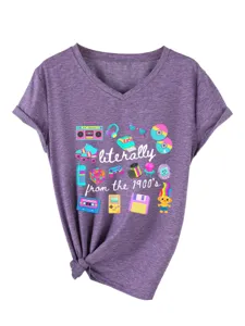 Γυναικείο vintage 90s γραφικό V-neck κοντοmάνικο T-shirt casual top με κόμπο.