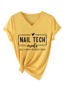 Women yellow V-neck short sleeve t-shirt with nail tech graphic print casual top summer wear.