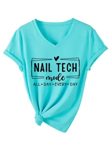 Turquoise V-neck short sleeve T-shirt with nail tech print and stylish front knot design.