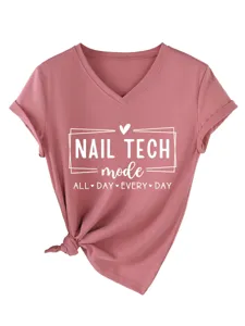 Casual pink V-neck short sleeve T-shirt featuring nail tech graphic print and cute knot hem.