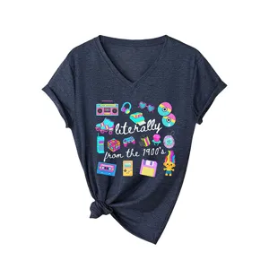 Ρετρό γυναικείο κοντομάνικο t-shirt με λαιμόκοψη V και γραφικά 90s casual top